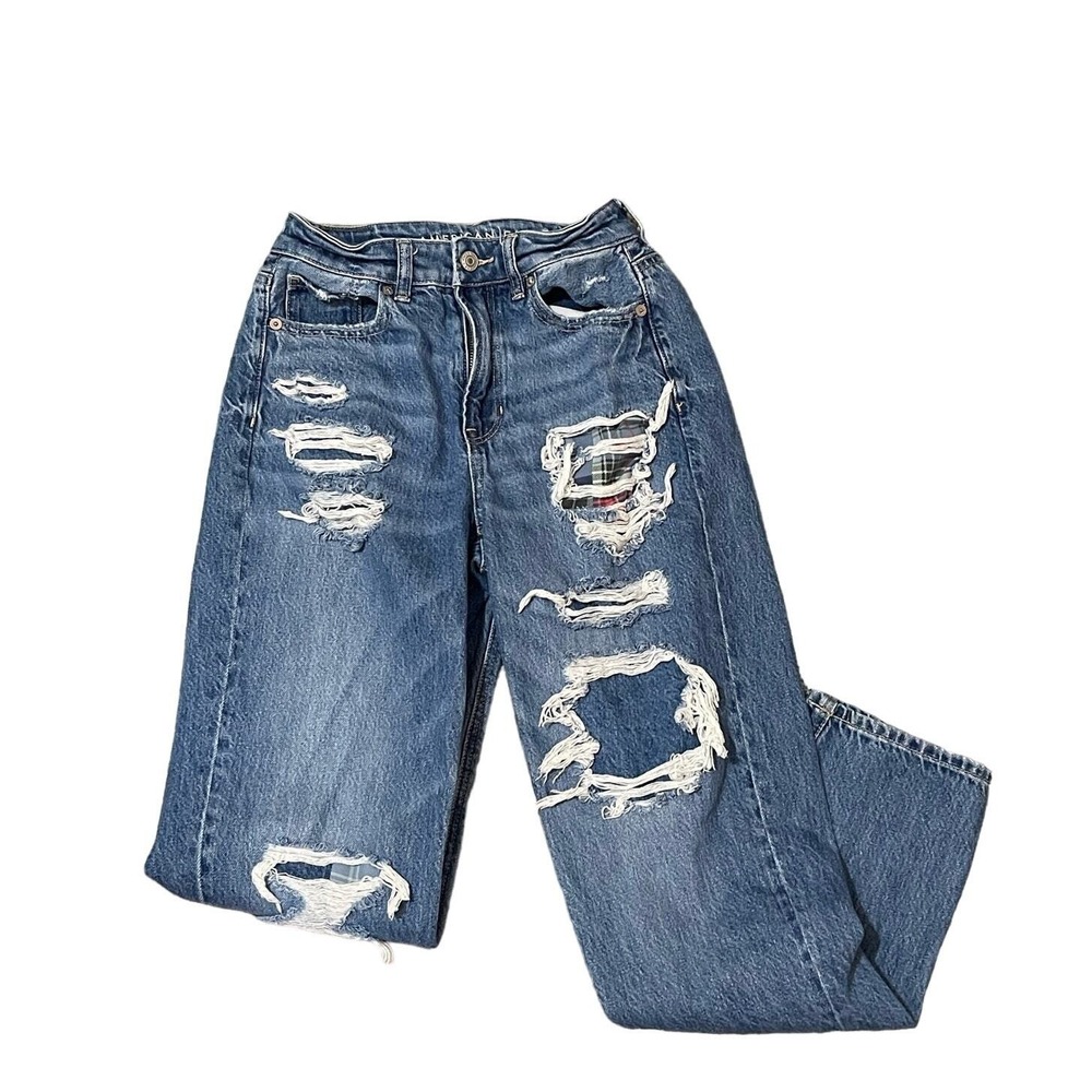 American Eagle Real Good Jeans Mom Straight Jean Distressed Patches‎ SZ 0 Grunge